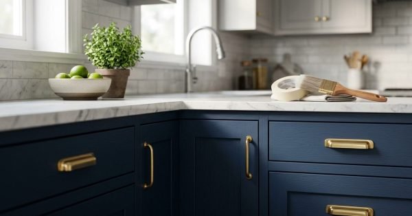 Close-up of newly painted navy blue shaker kitchen cabinets featuring warm brushed brass cup pulls and bow handles, with a paintbrush, roll of masking tape, bowl of limes, and potted herb on a white marble benchtop.