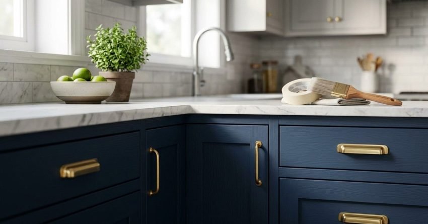 Close-up of newly painted navy blue shaker kitchen cabinets featuring warm brushed brass cup pulls and bow handles, with a paintbrush, roll of masking tape, bowl of limes, and potted herb on a white marble benchtop.