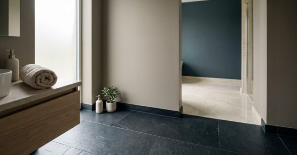 Modern bathroom interior featuring dark charcoal slate floor tiles paired with warm beige walls in the foreground, transitioning to light cream floor tiles against a deep teal accent wall in the adjoining room.
