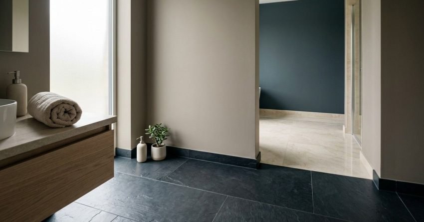 Modern bathroom interior featuring dark charcoal slate floor tiles paired with warm beige walls in the foreground, transitioning to light cream floor tiles against a deep teal accent wall in the adjoining room.