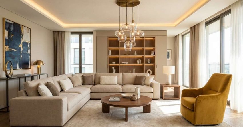 Modern living room showing balanced interior design with dominant neutral decor and contrasting accent elements
