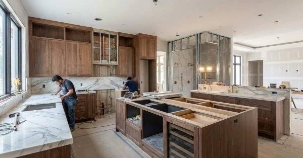 Luxury kitchen and bathroom under construction with plumbing cabinetry tile and electrical work visible