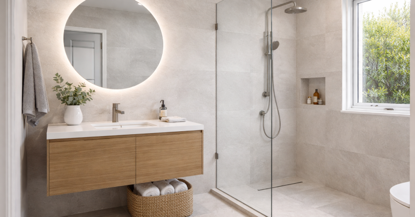 Modern bathroom renovation in a Sydney home with wall-hung vanity, frameless shower and large stone tiles.