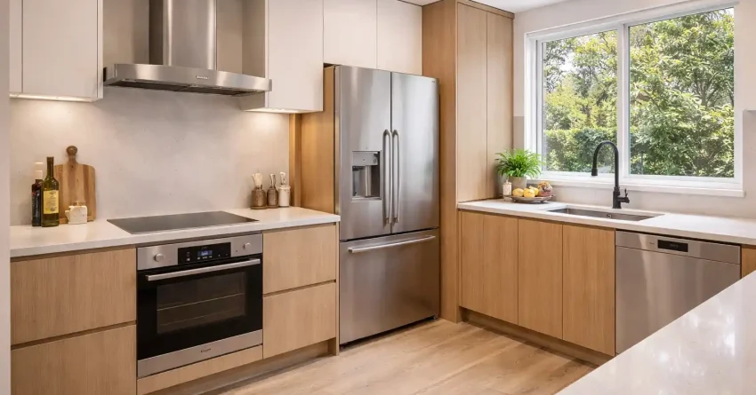 Modern kitchen with built-in oven, induction cooktop, refrigerator, dishwasher and rangehood in a Sydney home renovation.