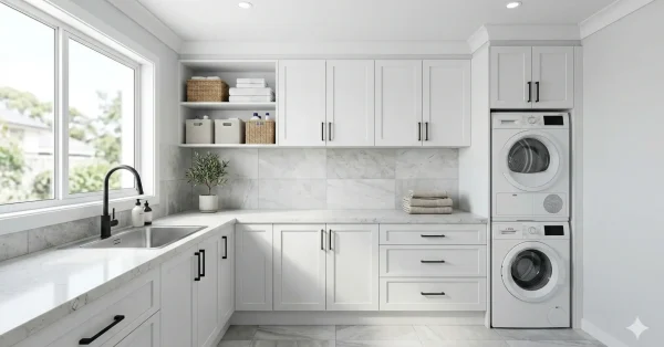 Modern laundry renovation in a Sydney home featuring built-in cabinets, stone benchtop, sink, washer dryer and tiled flooring.