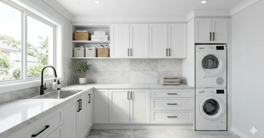Modern laundry renovation in a Sydney home featuring built-in cabinets, stone benchtop, sink, washer dryer and tiled flooring.