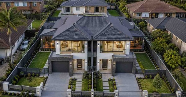 Aerial view of a newly completed Sydney duplex development featuring two attached modern residences with separate entrances, garages, private outdoor spaces, and contemporary architecture on a suburban residential block