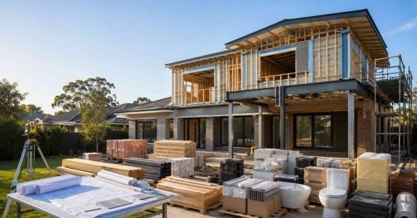 Premium Australian home with a second-storey addition under construction, showcasing structural framing, quality building materials, and organized project staging that represents the key cost components of an upper-level extension.