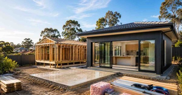 Builders constructing a modern granny flat in a suburban Sydney backyard, showing multiple construction stages from slab and framing to near-complete finishes, representing the typical 4–6 month granny flat build timeline.
