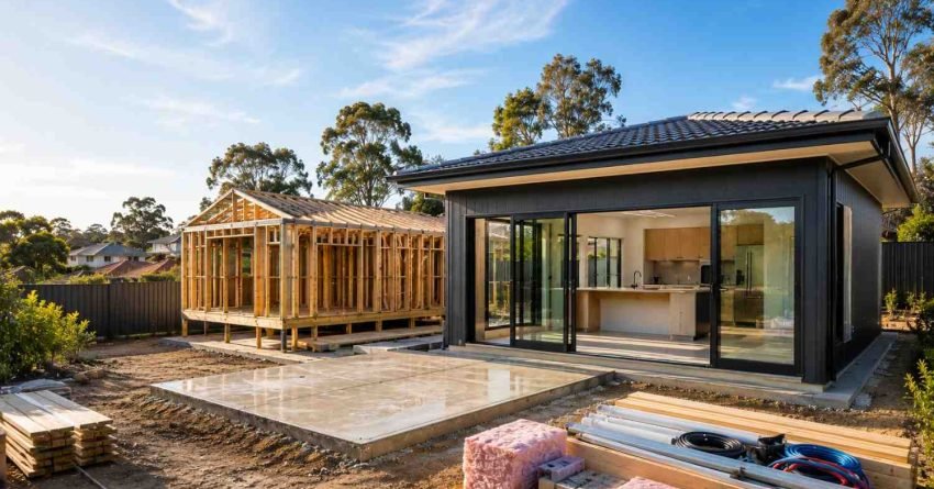 Builders constructing a modern granny flat in a suburban Sydney backyard, showing multiple construction stages from slab and framing to near-complete finishes, representing the typical 4–6 month granny flat build timeline.