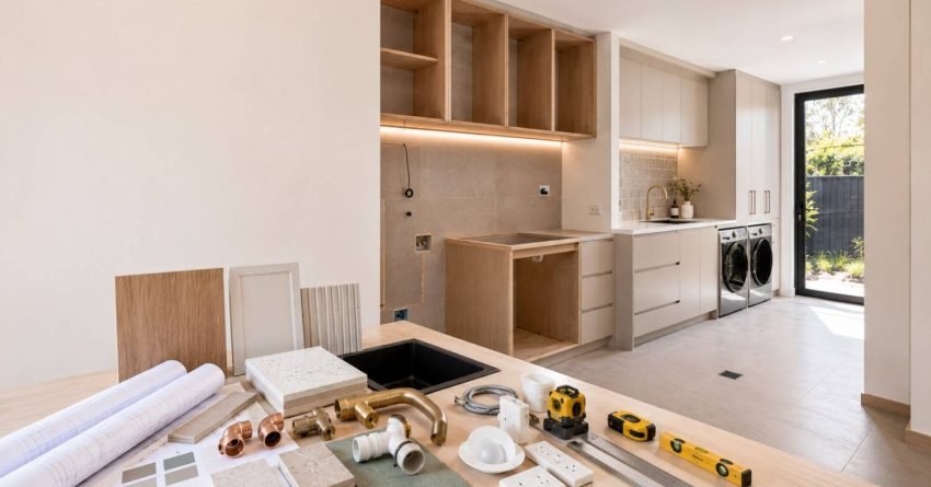 Premium Australian laundry renovation with organized cabinetry, flooring, plumbing, fixtures, and completed storage illustrating a comprehensive renovation planning checklist.