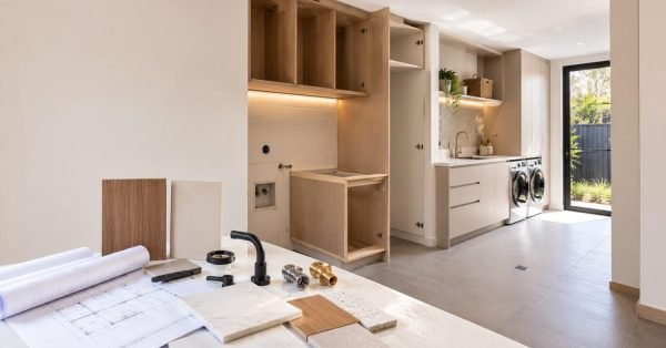 Modern Australian laundry renovation showing organized planning materials, custom cabinetry installation, and a completed functional laundry space with premium finishes.