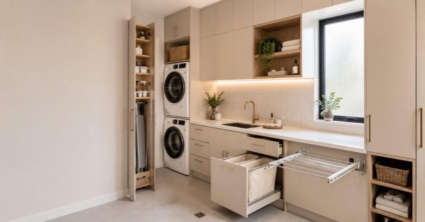 Contemporary Australian laundry with full-height cabinetry, concealed storage, stacked appliances, and smart space-saving solutions designed to maximize every centimetre.