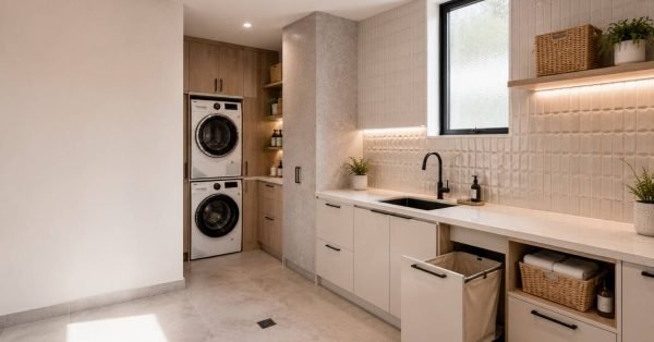 Modern Australian laundry featuring large-format floor tiles, stylish wall tiles, premium cabinetry, and contemporary finishes designed for a timeless renovation.