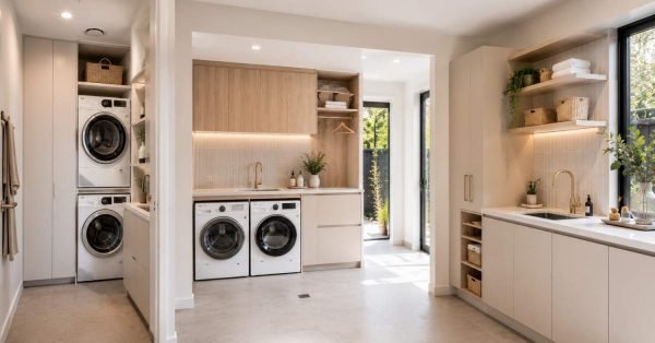 Modern Australian laundry showcasing compact, family-sized, and premium design ideas with custom cabinetry, smart storage, and contemporary finishes for different spaces and budgets.