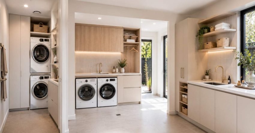 Modern Australian laundry showcasing compact, family-sized, and premium design ideas with custom cabinetry, smart storage, and contemporary finishes for different spaces and budgets.
