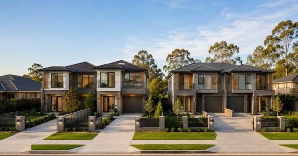 Two modern duplex developments in suburban Sydney illustrating separate and shared property layouts to represent Torrens Title and Strata Title ownership options without text.
