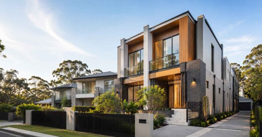Modern duplex designed for a narrow residential block in Sydney featuring space-efficient architecture, large windows, private landscaping, and a contemporary Australian streetscape.