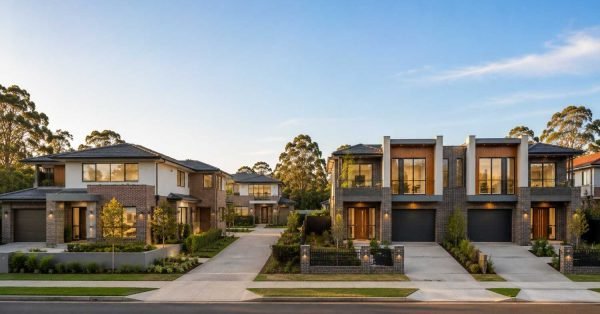 Modern Australian dual occupancy home and side-by-side duplex displayed on neighboring suburban blocks to illustrate the key differences in residential property layouts.