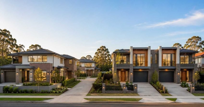 Modern Australian dual occupancy home and side-by-side duplex displayed on neighboring suburban blocks to illustrate the key differences in residential property layouts.