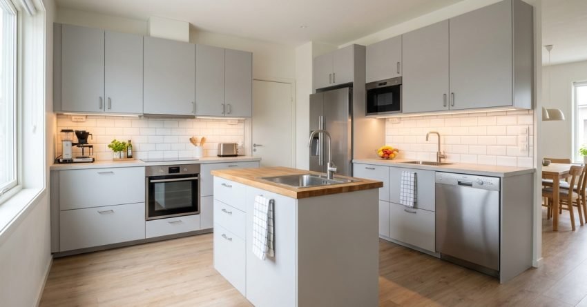Modern IKEA style kitchen with modular cabinets and simple finishes representing full kitchen cost