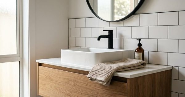 Modern bathroom vanity corner featuring a white ceramic vessel sink, matte black faucet, floating timber vanity, white subway tile backsplash, and a round black-framed mirror.