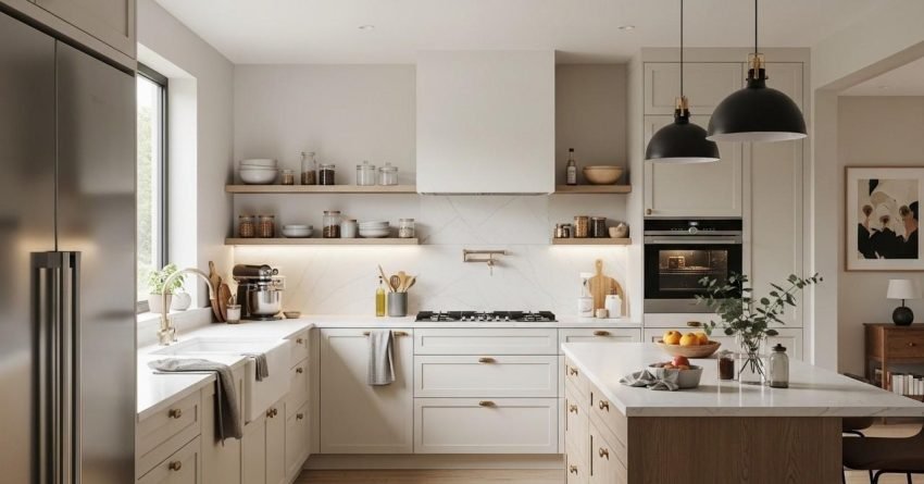 Modern kitchen showing proper layout spacing work triangle and organized cabinets for efficient design