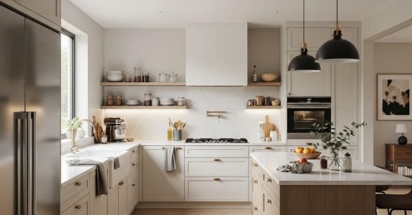 Modern kitchen showing proper layout spacing work triangle and organized cabinets for efficient design