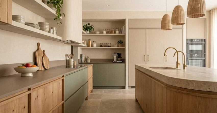 Modern kitchen with warm tones wood cabinets curved island and natural materials reflecting 2026 kitchen design trends
