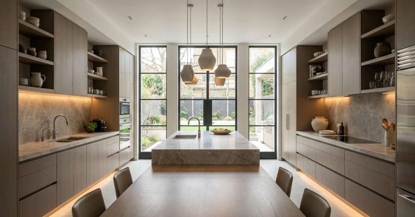Modern kitchen with balanced layout proportions island spacing and harmonious cabinetry design based on golden ratio principles