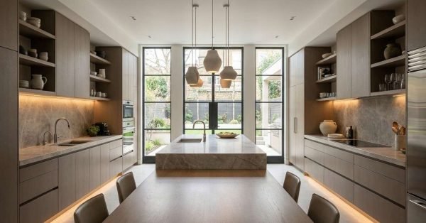 Modern kitchen with balanced layout proportions island spacing and harmonious cabinetry design based on golden ratio principles