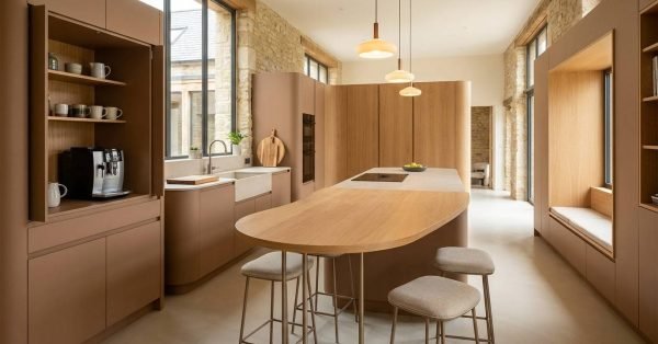 Modern kitchen with peninsula and freestanding worktable replacing traditional oversized kitchen island