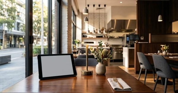 Modern restaurant dining table setup featuring a blank tablet screen, cordless brass table lamp, small ceramic flower vase, and folded linen napkin with cutlery, overlooking an open commercial kitchen and glass street-facing doors.