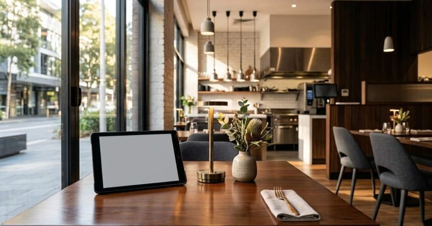 Modern restaurant dining table setup featuring a blank tablet screen, cordless brass table lamp, small ceramic flower vase, and folded linen napkin with cutlery, overlooking an open commercial kitchen and glass street-facing doors.
