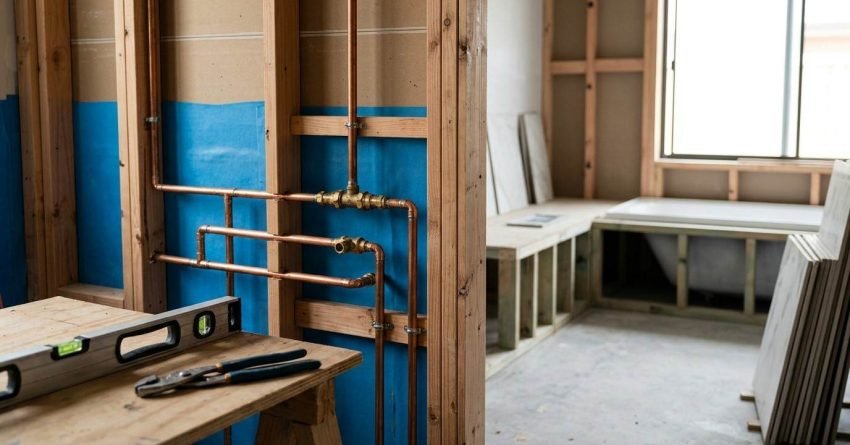 Bathroom renovation rough-in stage showing newly installed copper plumbing pipes secured to exposed timber wall framing with blue waterproofing membrane, looking into a room with a framed-in bathtub hob, stacked floor tiles, and trade tools on a timber workbench.