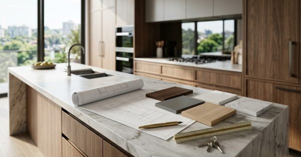 Architectural joinery blueprints unrolled on a Calacatta marble waterfall kitchen island alongside timber swatches, quartz and marble samples, a brass pen, scale ruler, and house keys in a modern kitchen with walnut cabinetry.