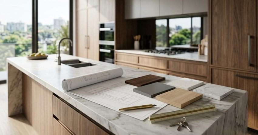 Architectural joinery blueprints unrolled on a Calacatta marble waterfall kitchen island alongside timber swatches, quartz and marble samples, a brass pen, scale ruler, and house keys in a modern kitchen with walnut cabinetry.