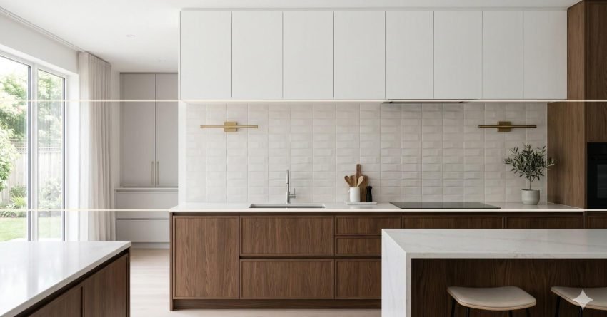 Kitchen cabinet layout showing one third rule with balanced upper cabinets, backsplash space and lower cabinets