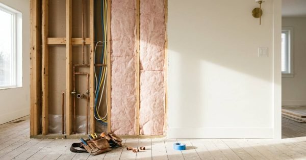 Exposed interior wall framing during home renovation showing copper plumbing, electrical wiring, fiberglass insulation batts, and a contractor's leather tool belt on wood flooring.