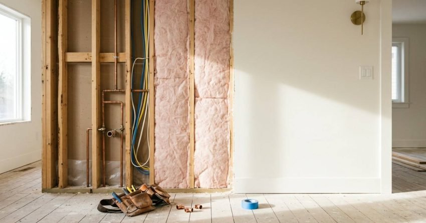 Exposed interior wall framing during home renovation showing copper plumbing, electrical wiring, fiberglass insulation batts, and a contractor's leather tool belt on wood flooring.