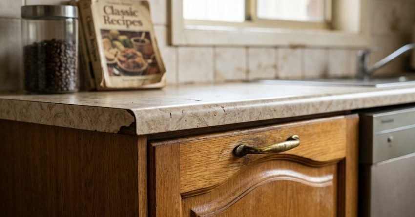 Close-up of an outdated kitchen showing worn honey oak cathedral-arched cabinetry with an aged brass handle, chipped laminate benchtop edge, discoloured tile splashback, and a vintage cookbook by the window.
