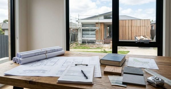 Architectural plans and permit documents representing the owner-builder permit process for managing a residential renovation project in Australia.
