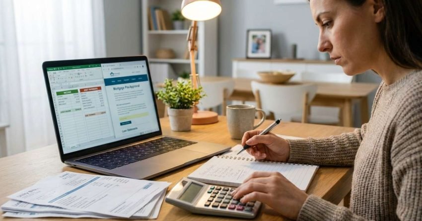 Person calculating debt to income ratio using bills calculator and financial documents at desk