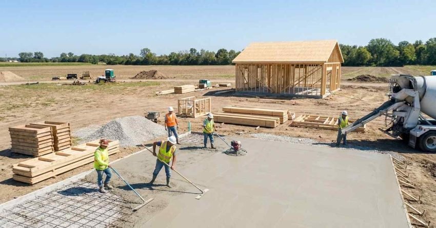 Concrete slab foundation being poured for affordable house construction on flat building site