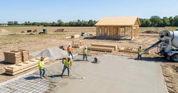 Concrete slab foundation being poured for affordable house construction on flat building site