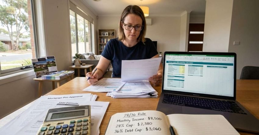 Person calculating mortgage affordability using income debt and budgeting documents in Australia