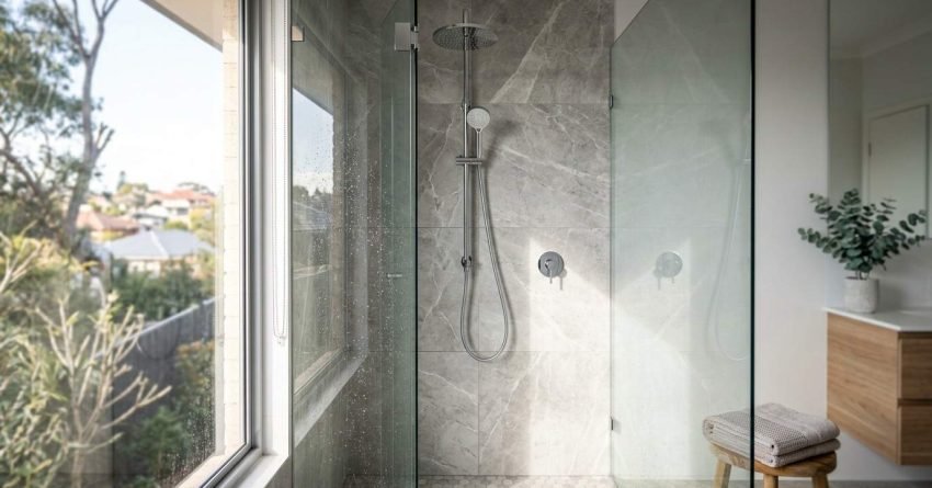 Modern walk-in shower with grey marble wall tiles, mosaic floor tiles, chrome dual rain showerhead and handheld wand, frameless glass enclosure, and a large picture window overlooking a suburban neighbourhood.