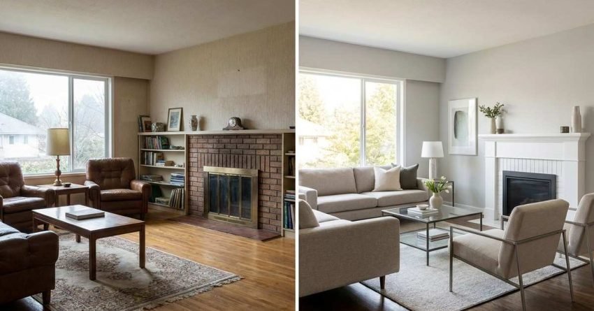 Before and after house renovation showing old property transformed into modern updated home