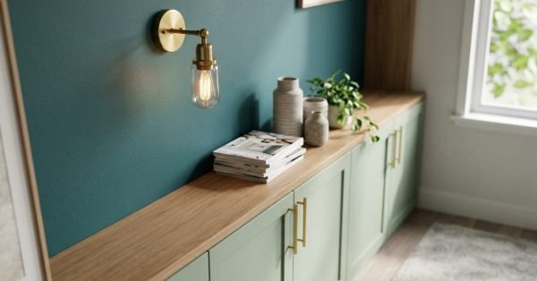 Teal accent wall with an illuminated brass sconce lamp mounted above a sage green sideboard with wood countertop, brass bar pulls, books, and ceramic vases.