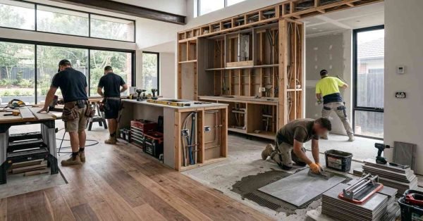 Professional trades completing a modern Australian home renovation, illustrating the skilled labour involved in renovation costs including carpentry, plumbing, electrical, plastering, tiling, and flooring.